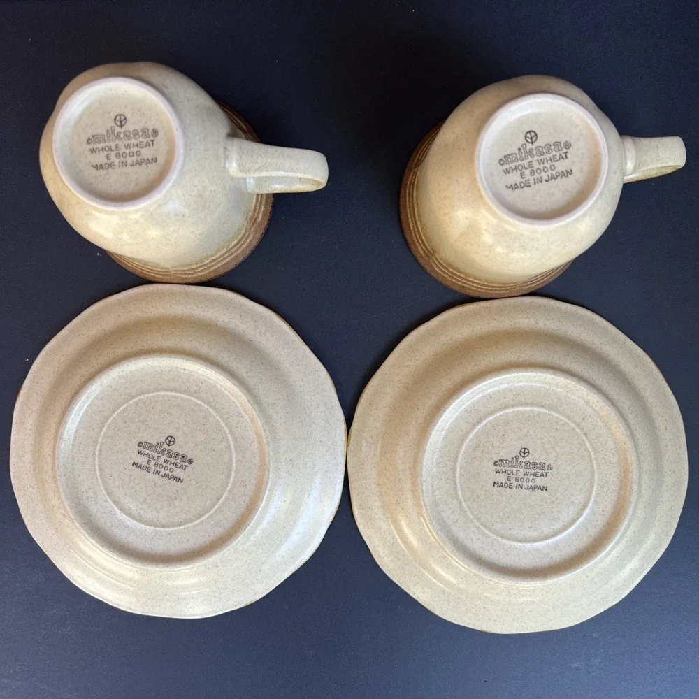 VTG Mikasa Whole Wheat E8000 Cups & Saucers Set of 2 Japan Stoneware EUC